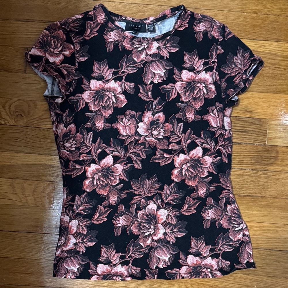 Ted Baker London Black and Pink Floral Short Sleeve Top